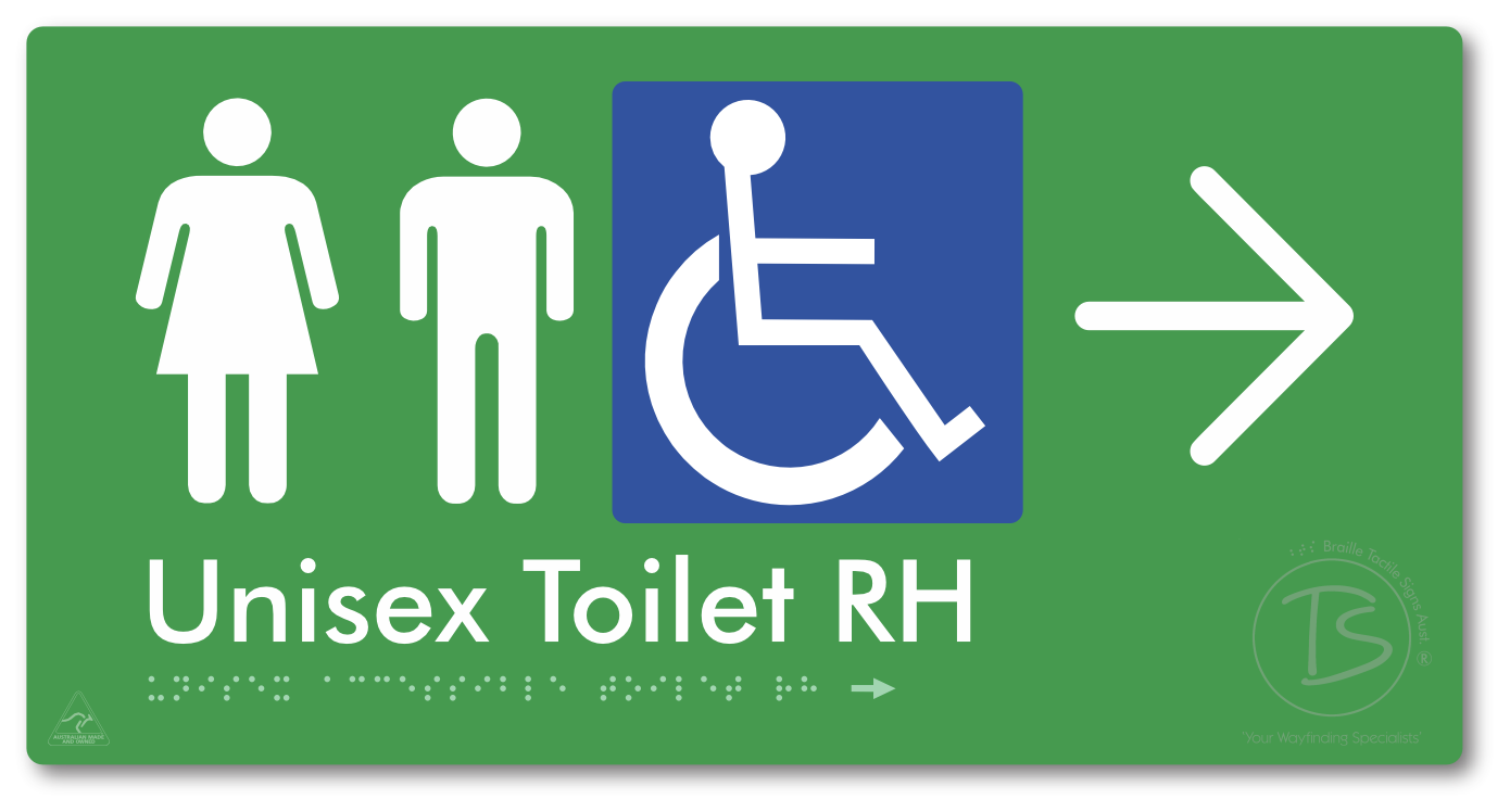 Unisex Accessible Toilet RH with Large Directional Arrow - Braille Tactile Signs Aust.