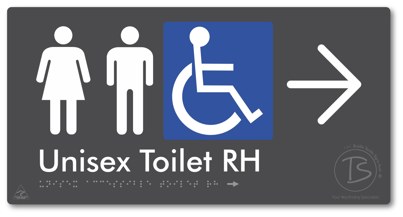 Unisex Accessible Toilet RH with Large Directional Arrow - Braille Tactile Signs Aust.