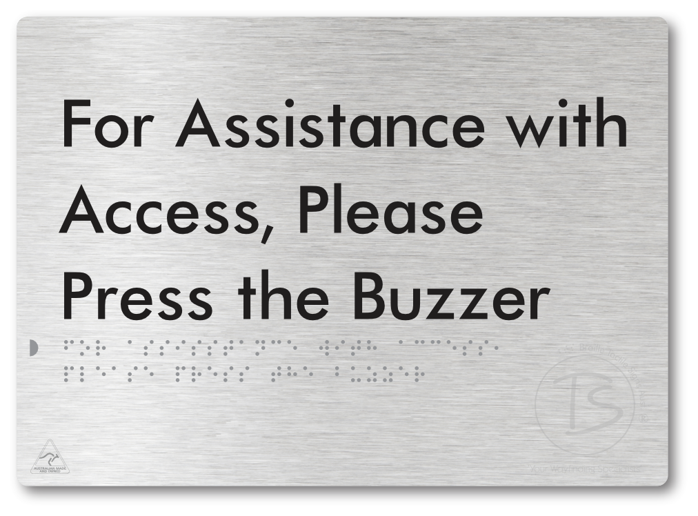 For Assistance With Access, Please Press The Buzzer - Braille Tactile Signs Aust.
