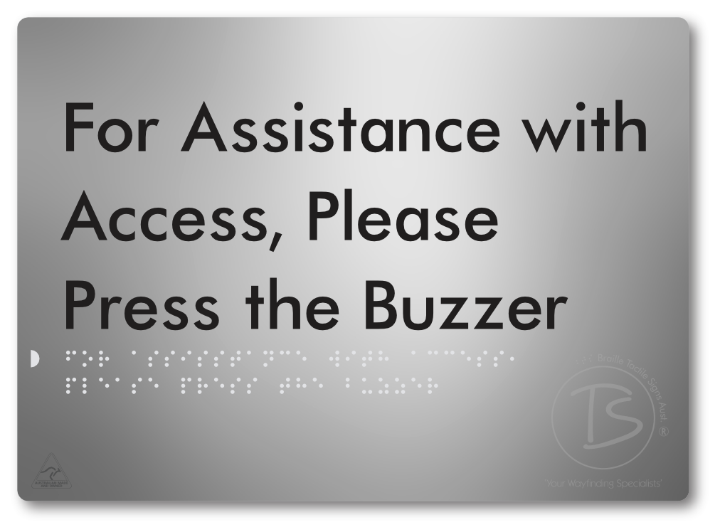 For Assistance With Access, Please Press The Buzzer - Braille Tactile Signs Aust.