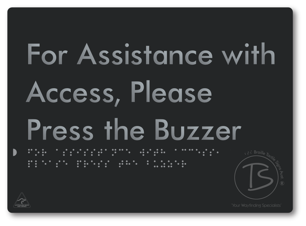 For Assistance With Access, Please Press The Buzzer - Braille Tactile Signs Aust.