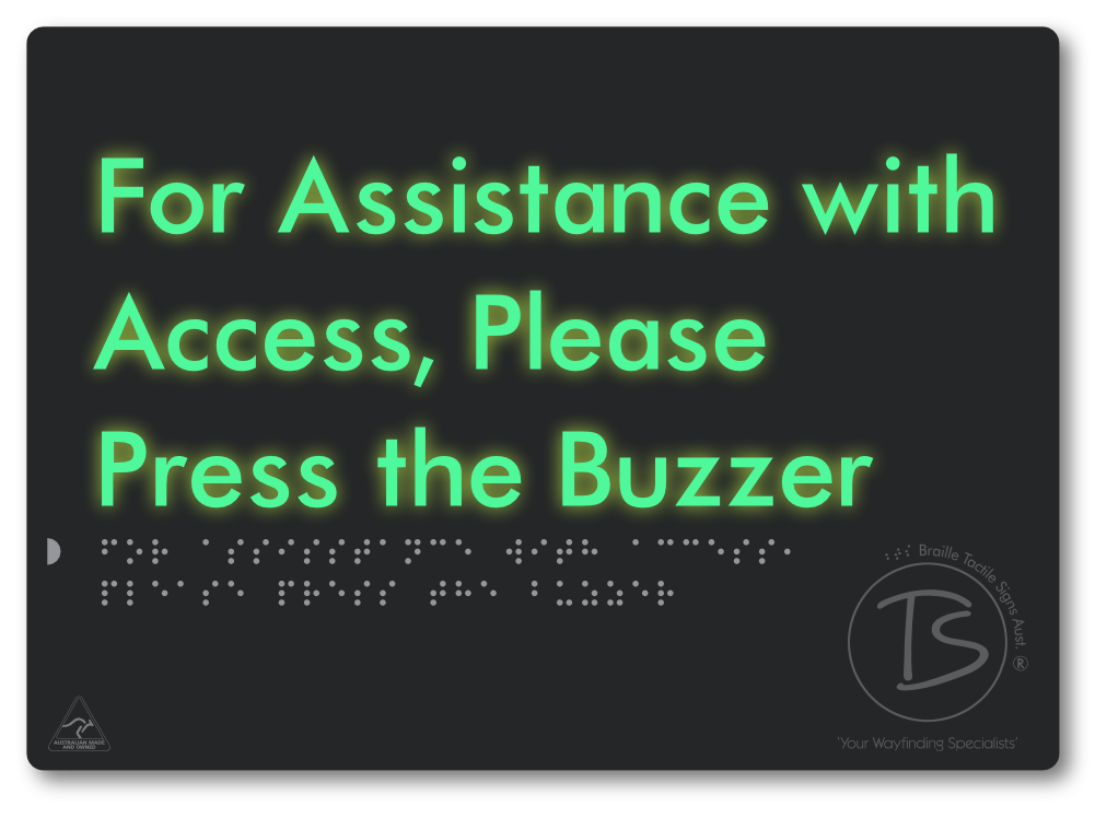For Assistance With Access, Please Press The Buzzer - Braille Tactile Signs Aust.