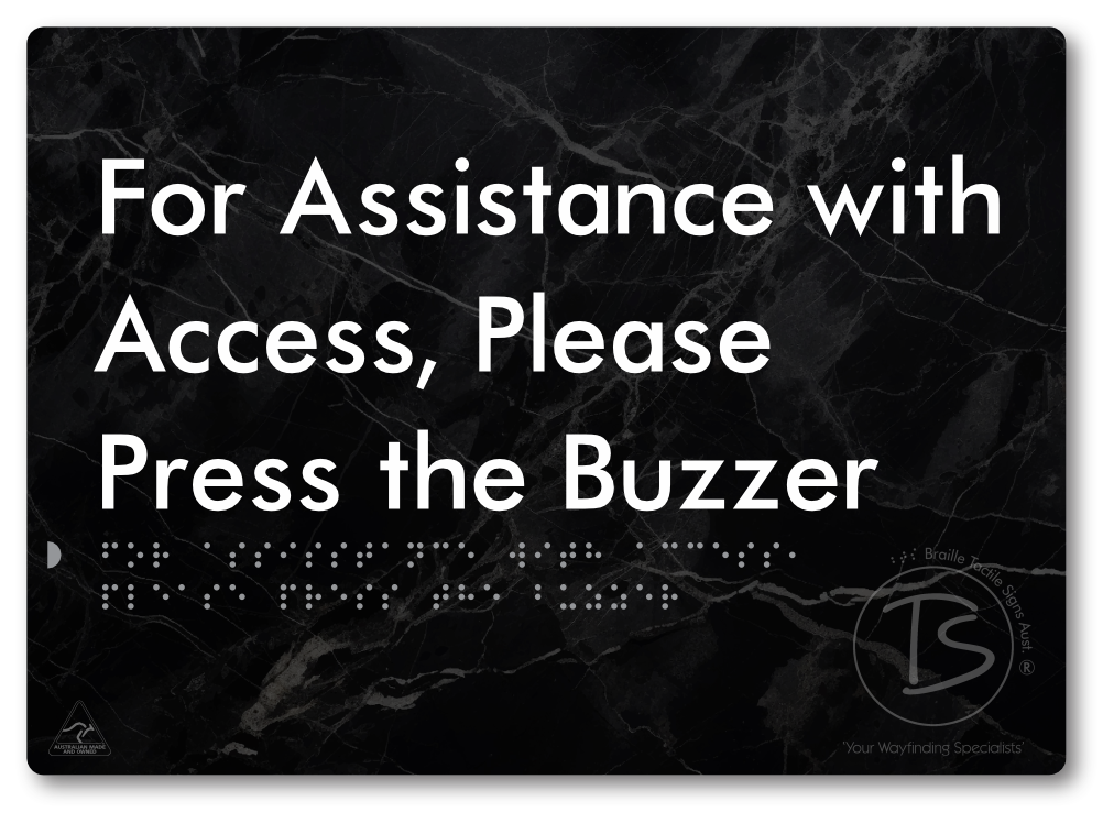 For Assistance With Access, Please Press The Buzzer - Braille Tactile Signs Aust.