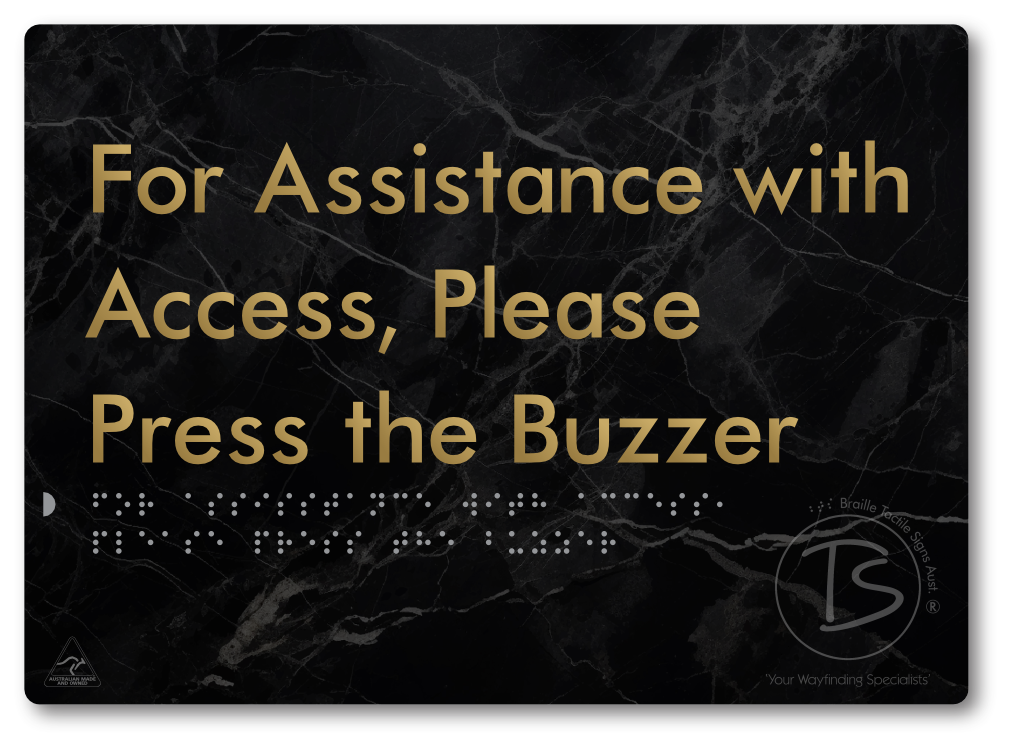 For Assistance With Access, Please Press The Buzzer - Braille Tactile Signs Aust.