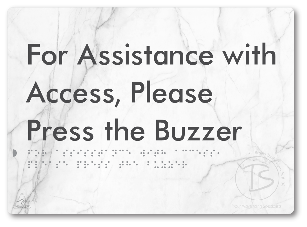 For Assistance With Access, Please Press The Buzzer - Braille Tactile Signs Aust.
