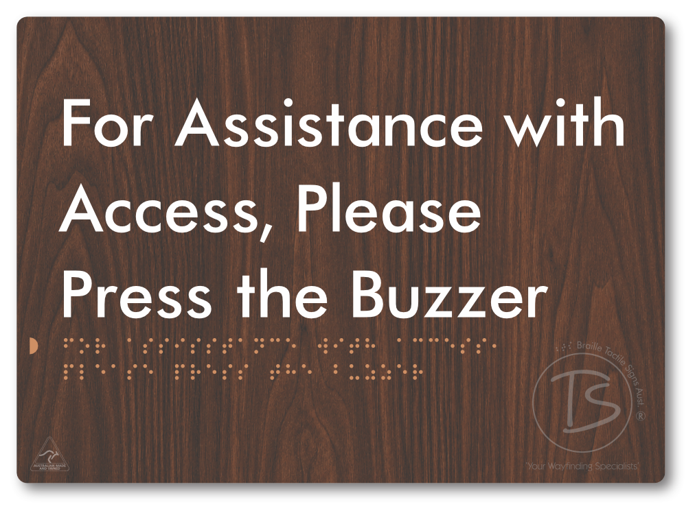 For Assistance With Access, Please Press The Buzzer - Braille Tactile Signs Aust.