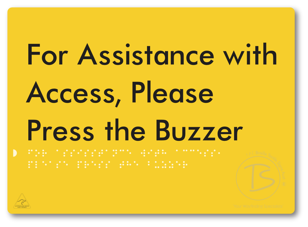 For Assistance With Access, Please Press The Buzzer - Braille Tactile Signs Aust.
