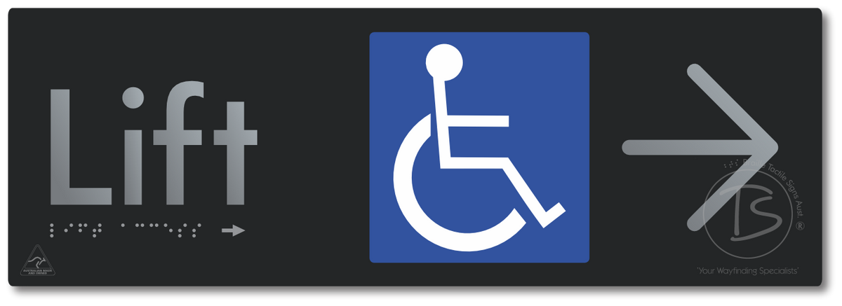Lift Access with Large Directional Arrow - Braille Tactile Signs Aust.