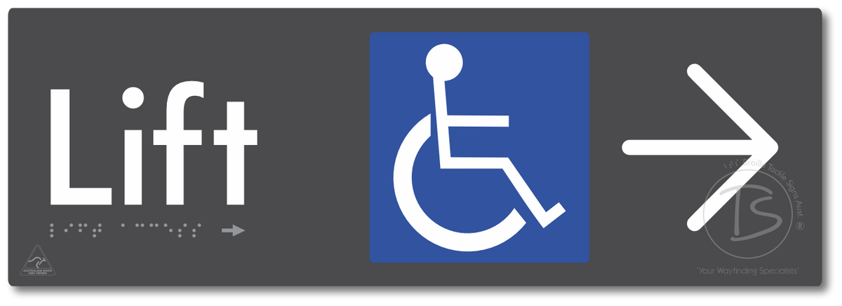 Lift Access with Large Directional Arrow - Braille Tactile Signs Aust.