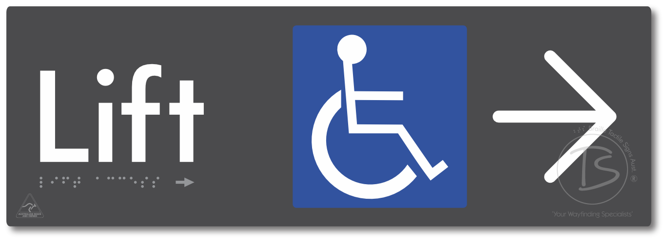 Lift Access with Large Directional Arrow - Braille Tactile Signs Aust.