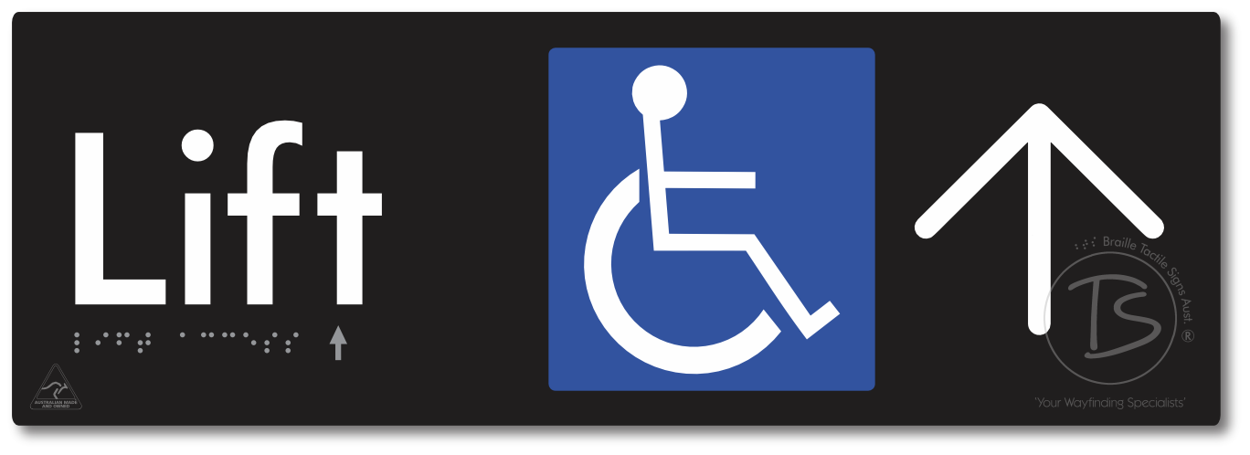 Lift Access with Large Directional Arrow - Braille Tactile Signs Aust.
