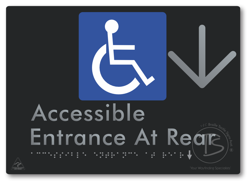 Accessible Entrance at Rear with Large Directional Arrow - Braille Tactile Signs Aust.