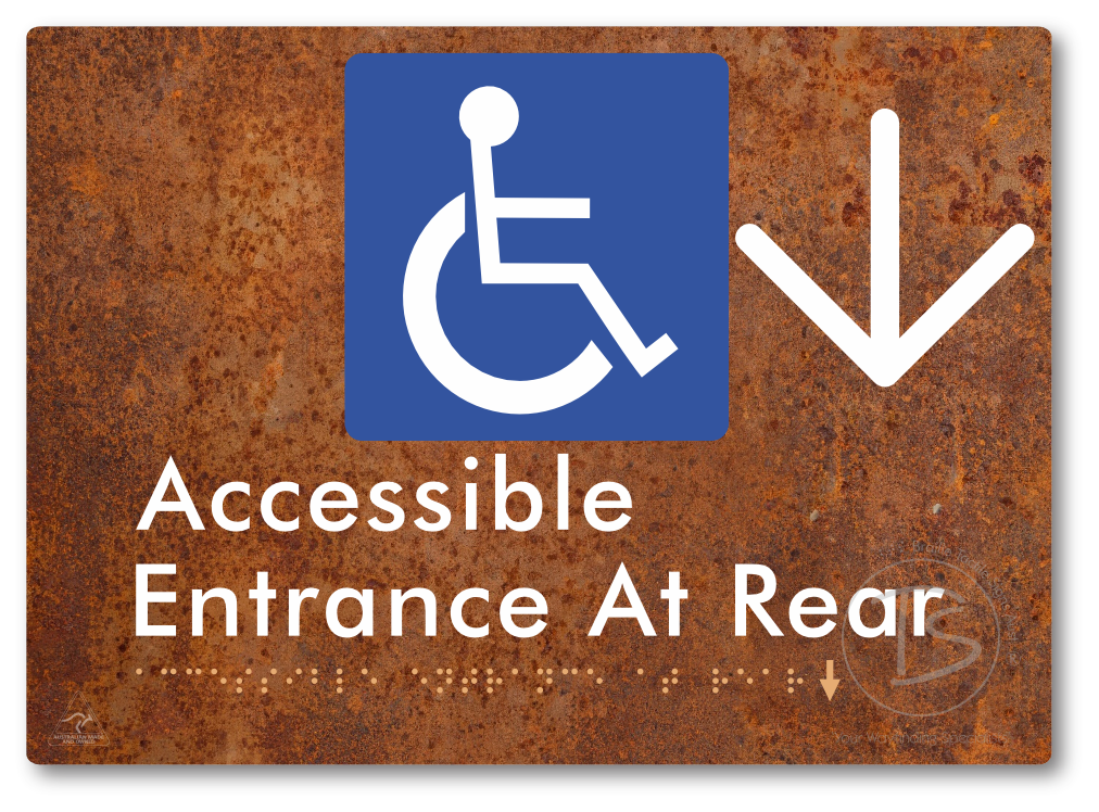 Accessible Entrance at Rear with Large Directional Arrow - Braille Tactile Signs Aust.