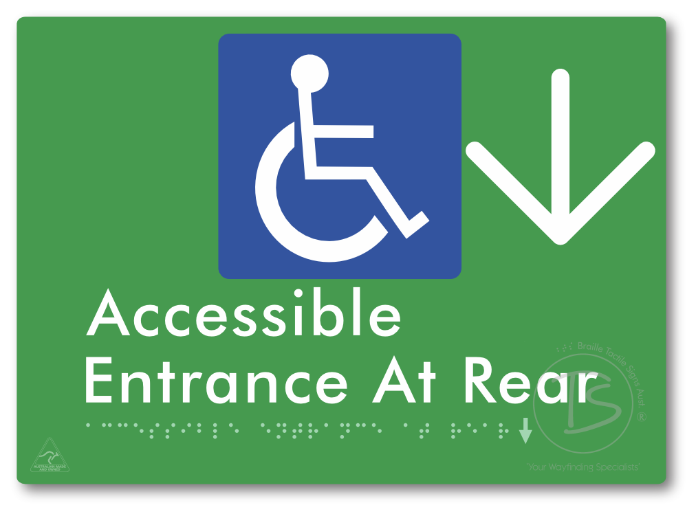 Accessible Entrance at Rear with Large Directional Arrow - Braille Tactile Signs Aust.