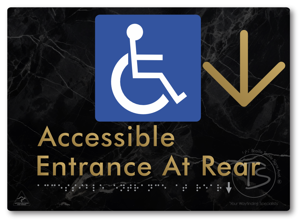 Accessible Entrance at Rear with Large Directional Arrow - Braille Tactile Signs Aust.