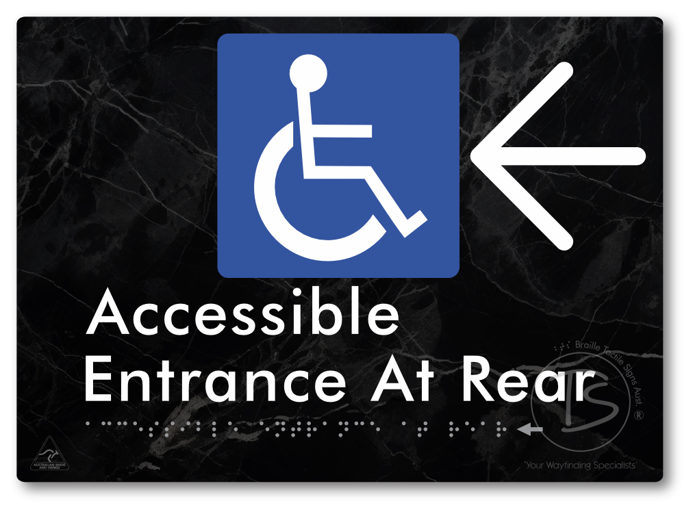 Accessible Entrance at Rear with Large Directional Arrow - Braille Tactile Signs Aust.