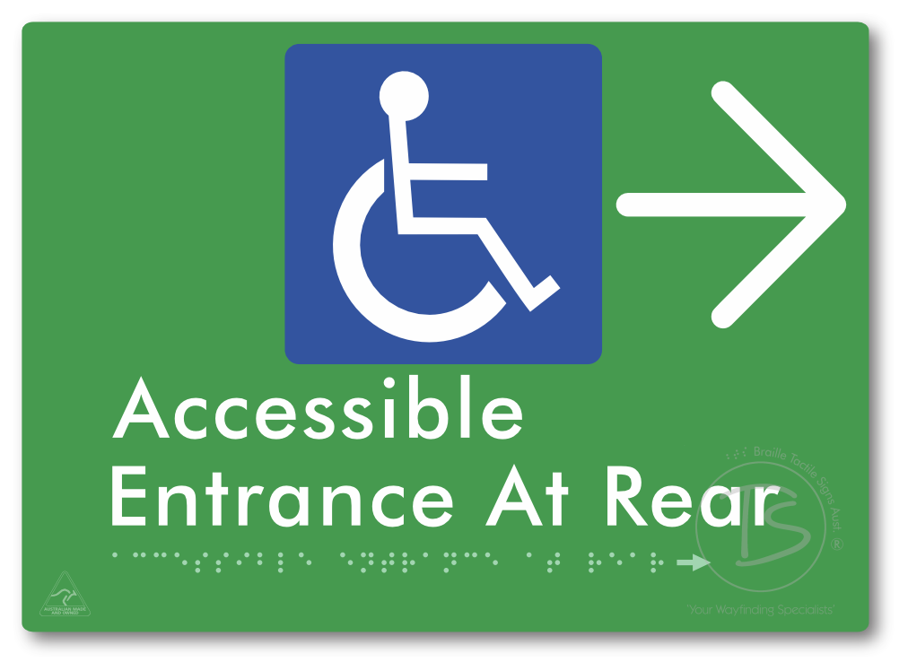 Accessible Entrance at Rear with Large Directional Arrow - Braille Tactile Signs Aust.