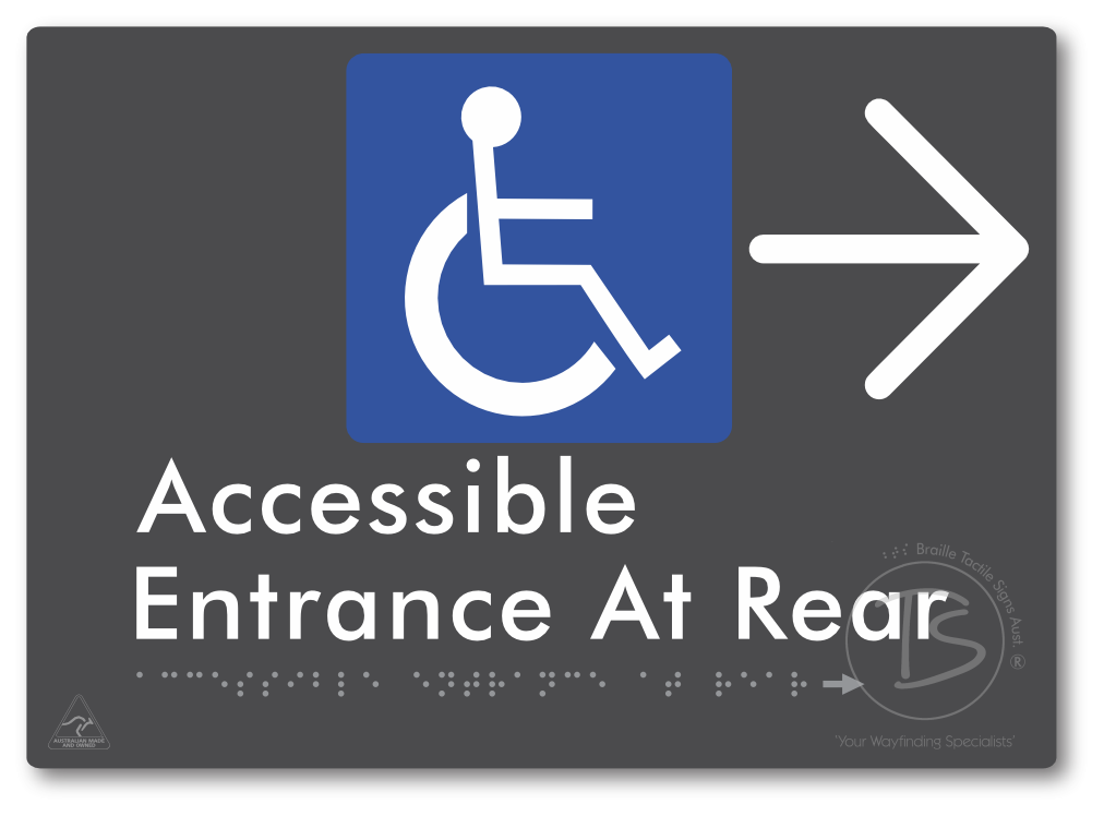 Accessible Entrance at Rear with Large Directional Arrow - Braille Tactile Signs Aust.