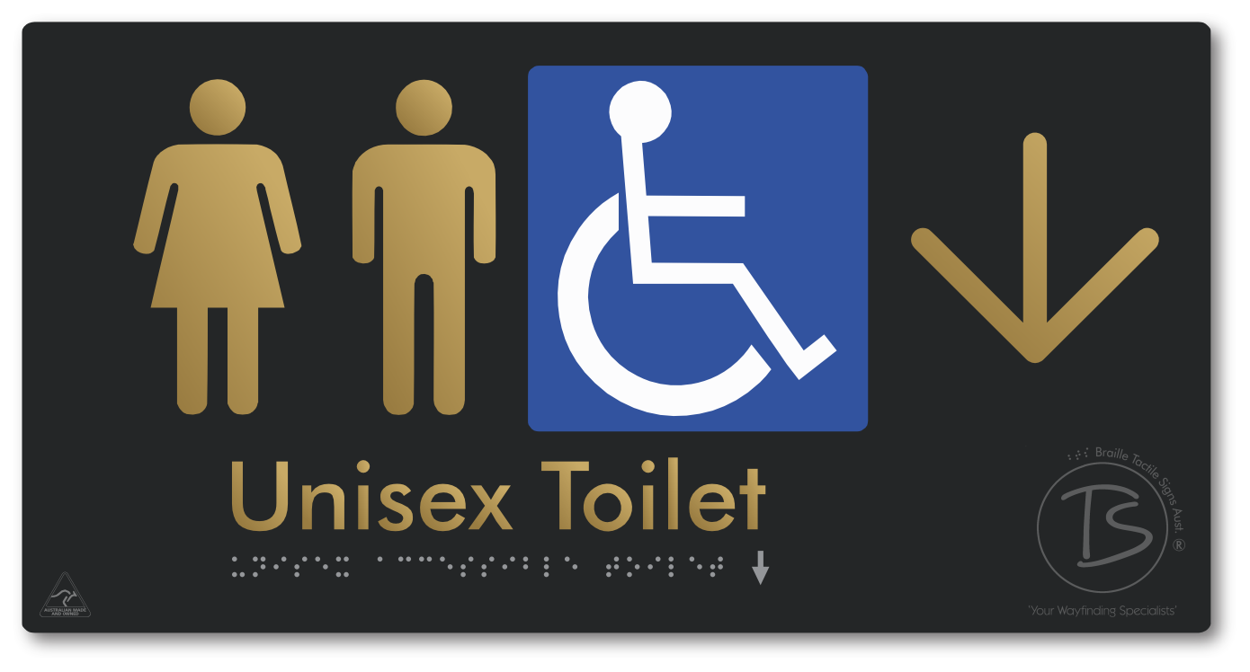 Unisex Accessible Toilet with Large Directional Arrow - Braille Tactile Signs Aust.