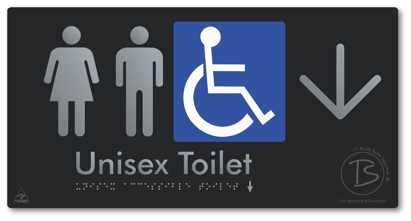 Unisex Accessible Toilet with Large Directional Arrow - Braille Tactile Signs Aust.