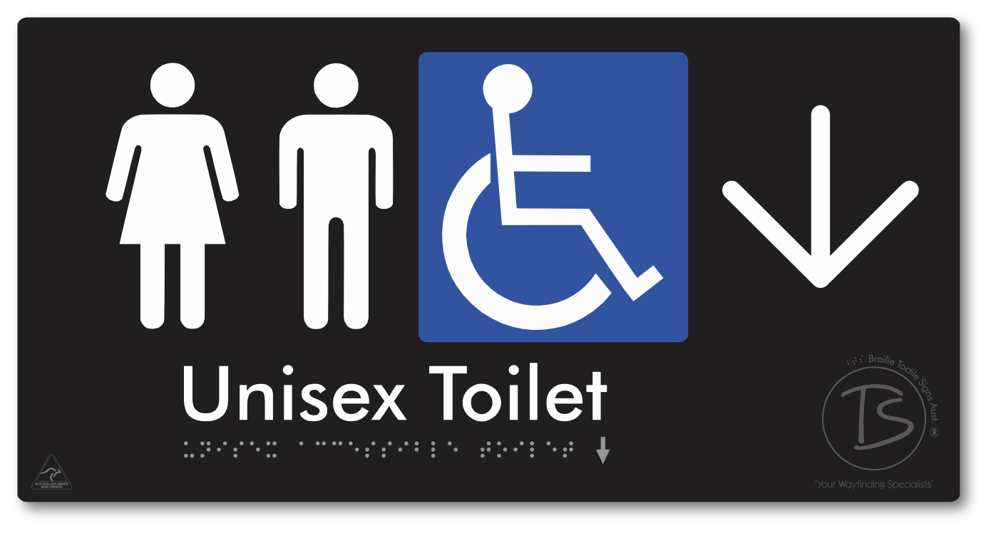 Unisex Accessible Toilet with Large Directional Arrow - Braille Tactile Signs Aust.