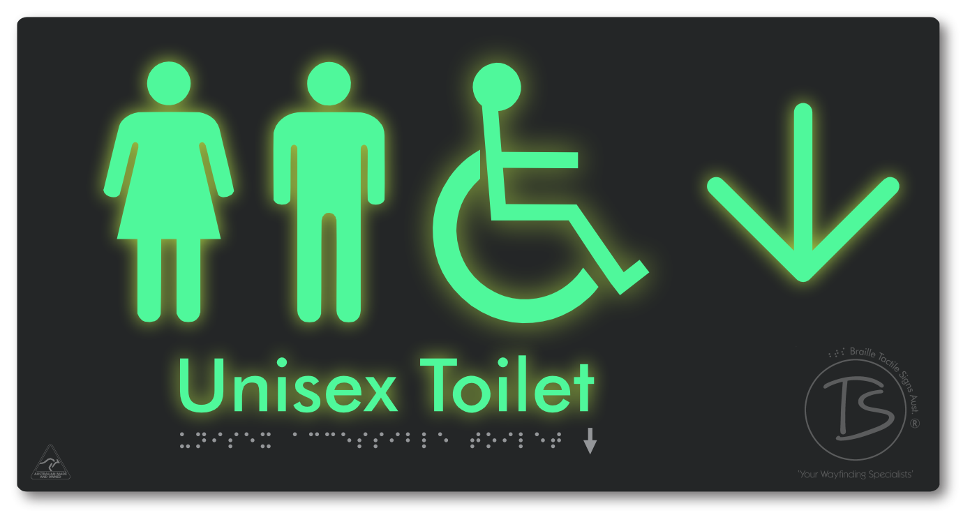 Unisex Accessible Toilet with Large Directional Arrow - Braille Tactile Signs Aust.