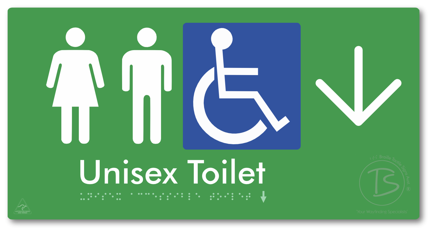 Unisex Accessible Toilet with Large Directional Arrow - Braille Tactile Signs Aust.