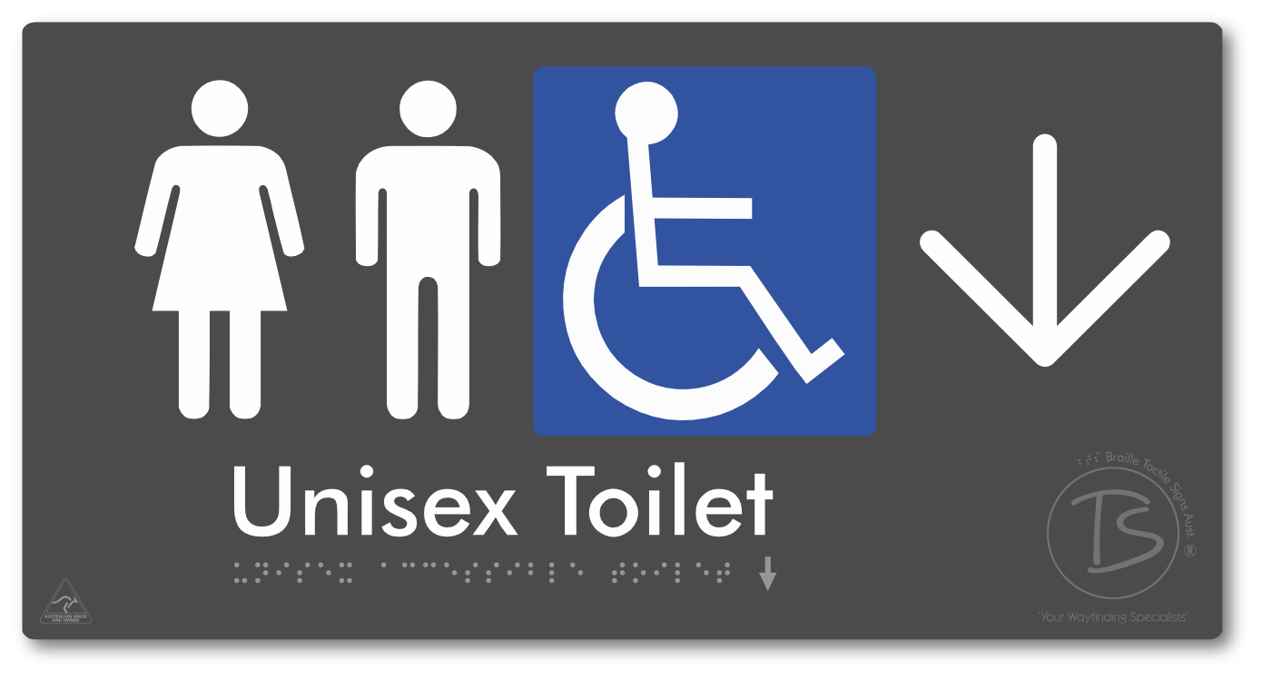 Unisex Accessible Toilet with Large Directional Arrow - Braille Tactile Signs Aust.