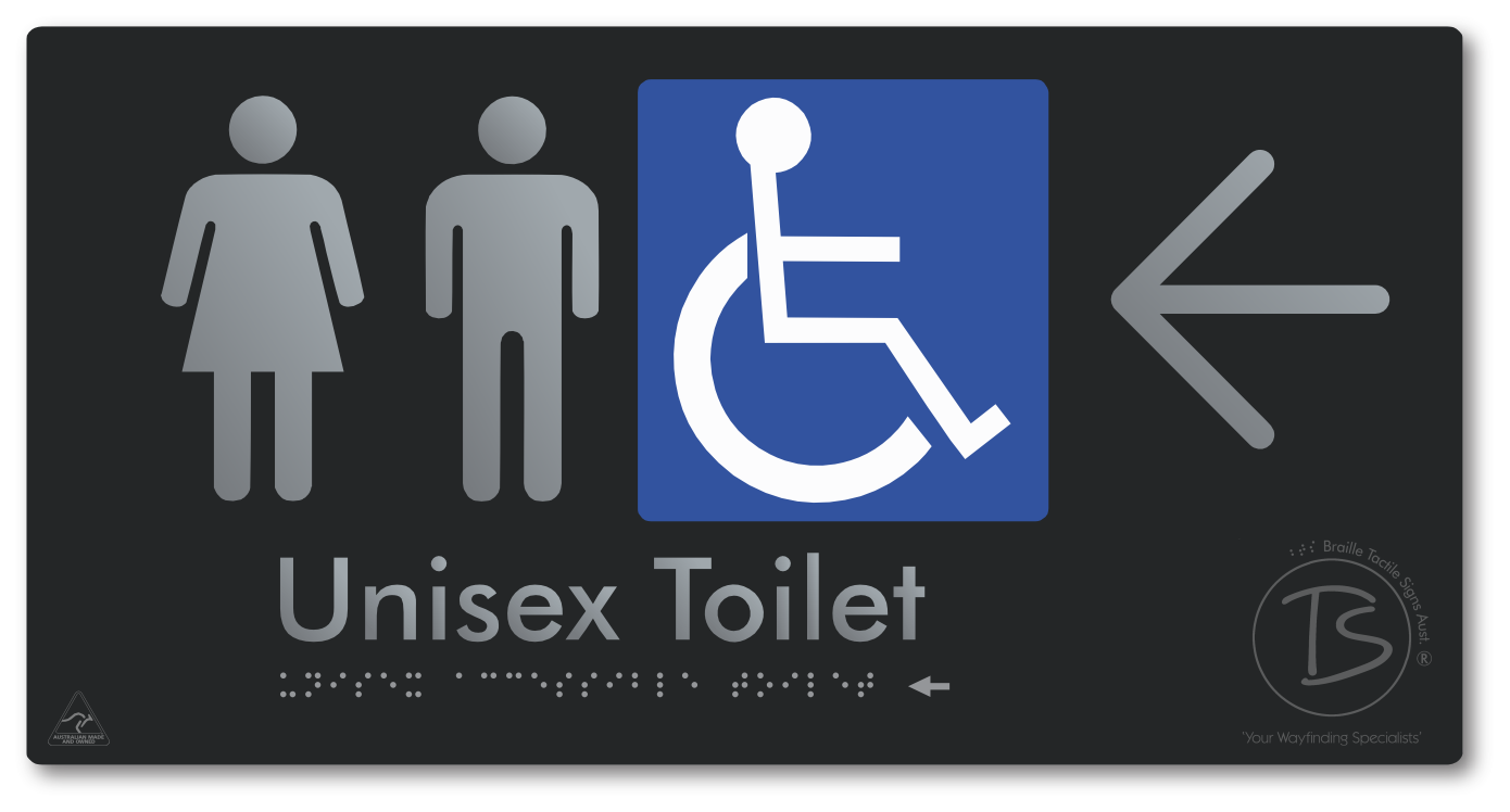 Unisex Accessible Toilet with Large Directional Arrow - Braille Tactile Signs Aust.