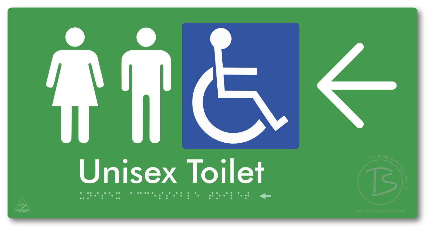Unisex Accessible Toilet with Large Directional Arrow - Braille Tactile Signs Aust.