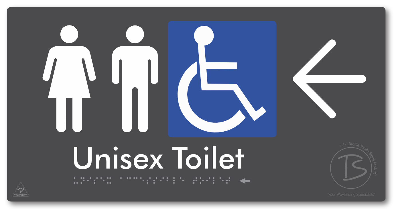 Unisex Accessible Toilet with Large Directional Arrow - Braille Tactile Signs Aust.