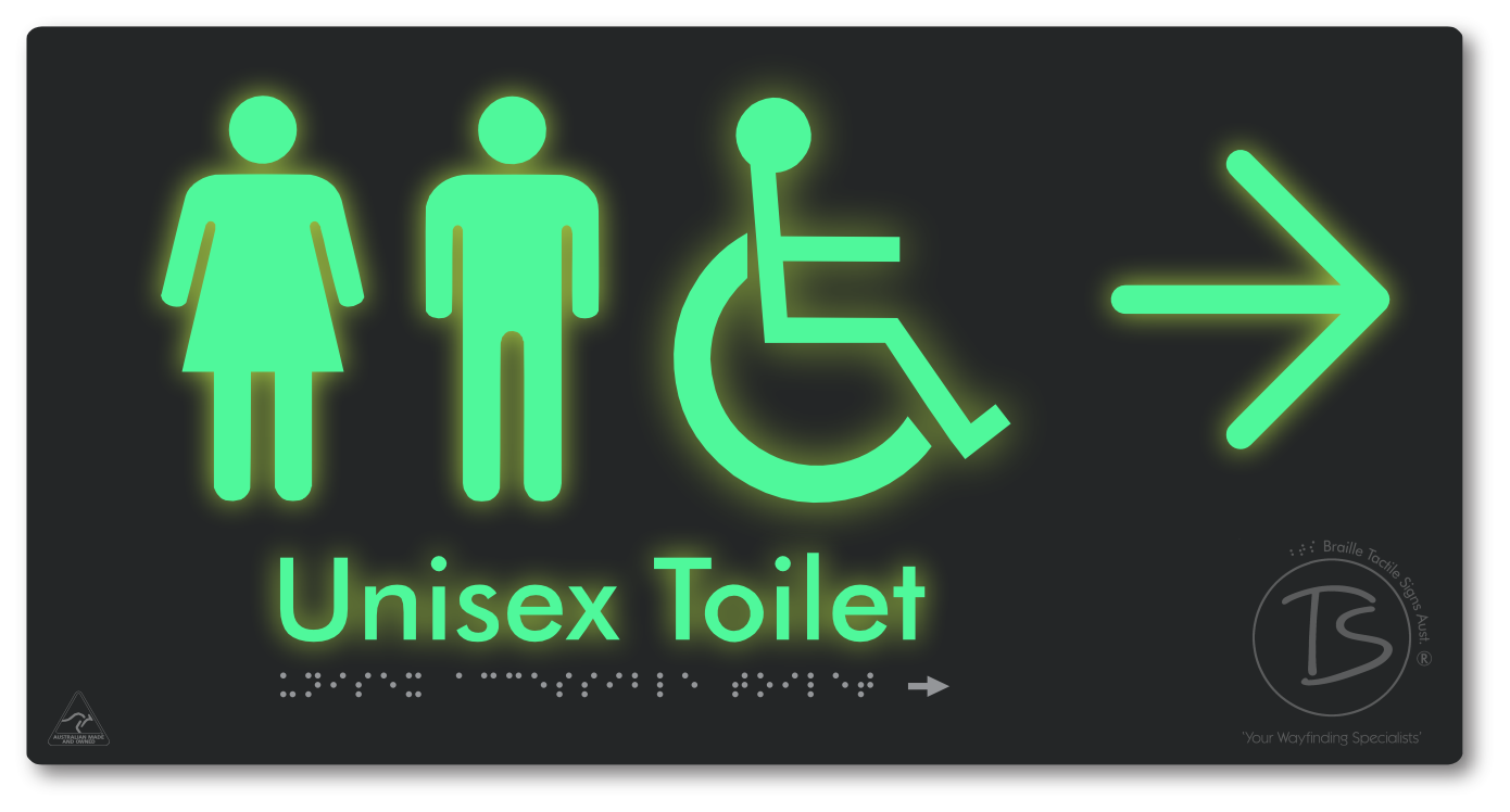 Unisex Accessible Toilet with Large Directional Arrow - Braille Tactile Signs Aust.