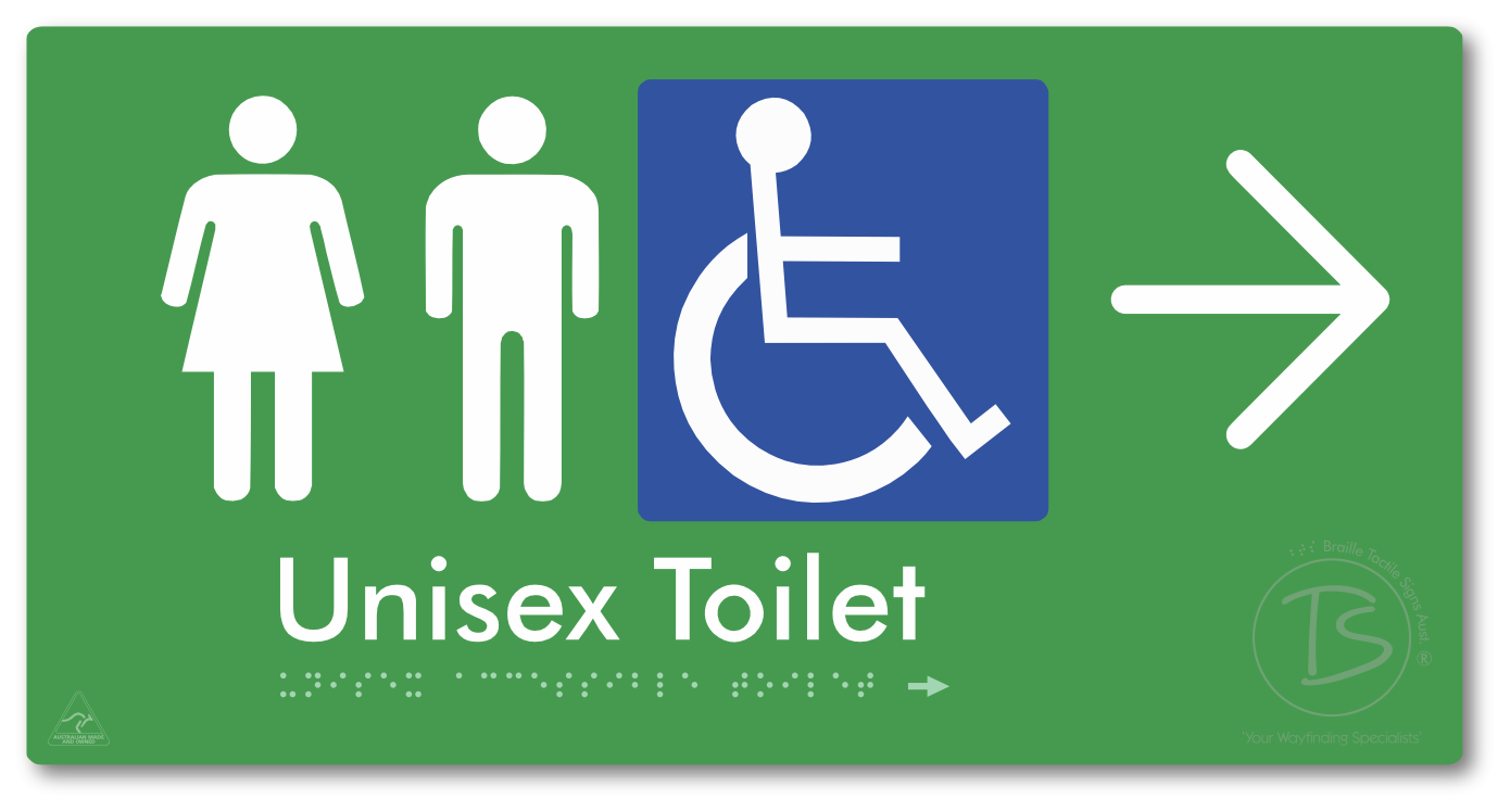 Unisex Accessible Toilet with Large Directional Arrow - Braille Tactile Signs Aust.