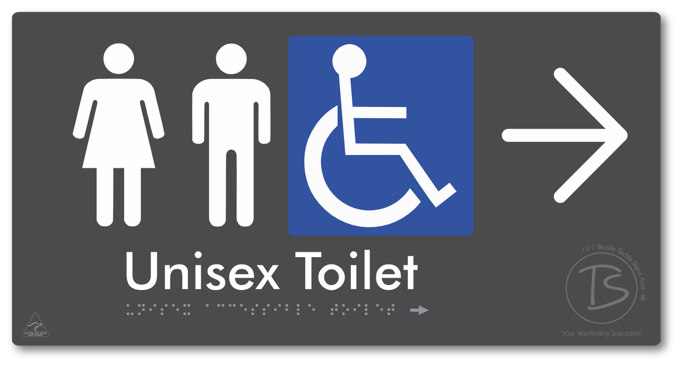 Unisex Accessible Toilet with Large Directional Arrow - Braille Tactile Signs Aust.