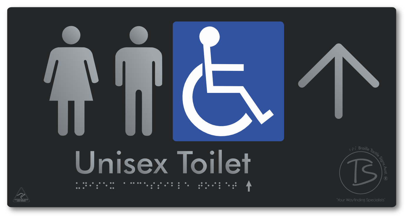 Unisex Accessible Toilet with Large Directional Arrow - Braille Tactile Signs Aust.