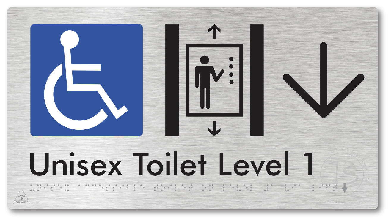 Unisex Accessible Toilet on Level 1 Via Lift with Large Arrow - Braille Tactile Signs Aust.