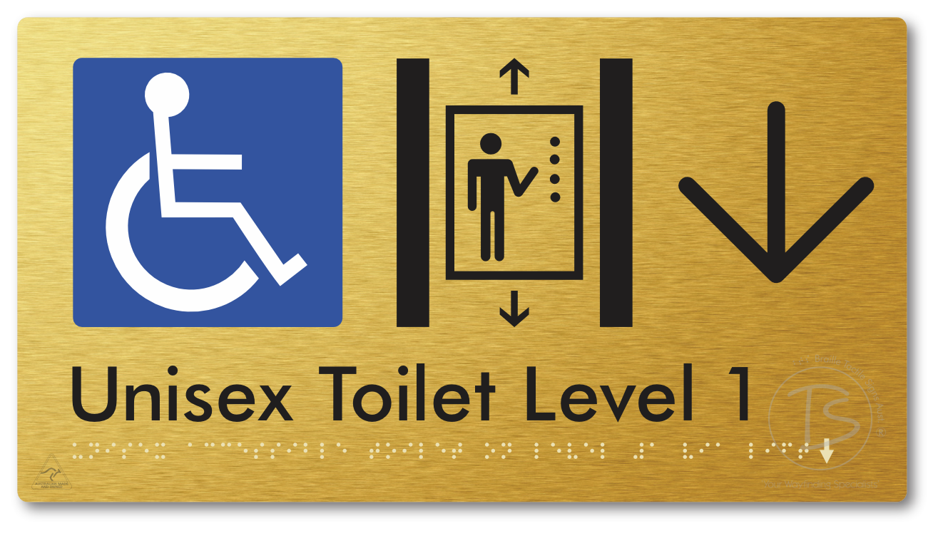 Unisex Accessible Toilet on Level 1 Via Lift with Large Arrow - Braille Tactile Signs Aust.