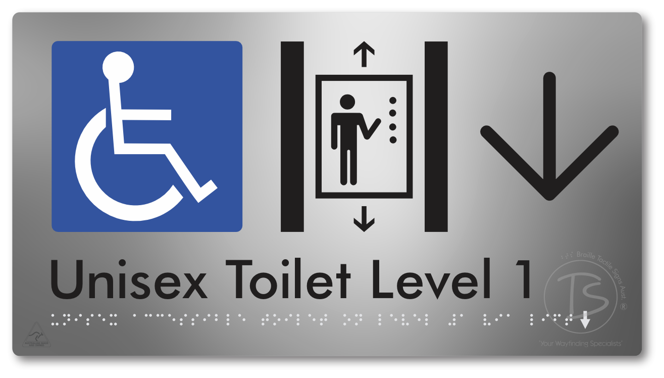 Unisex Accessible Toilet on Level 1 Via Lift with Large Arrow - Braille Tactile Signs Aust.