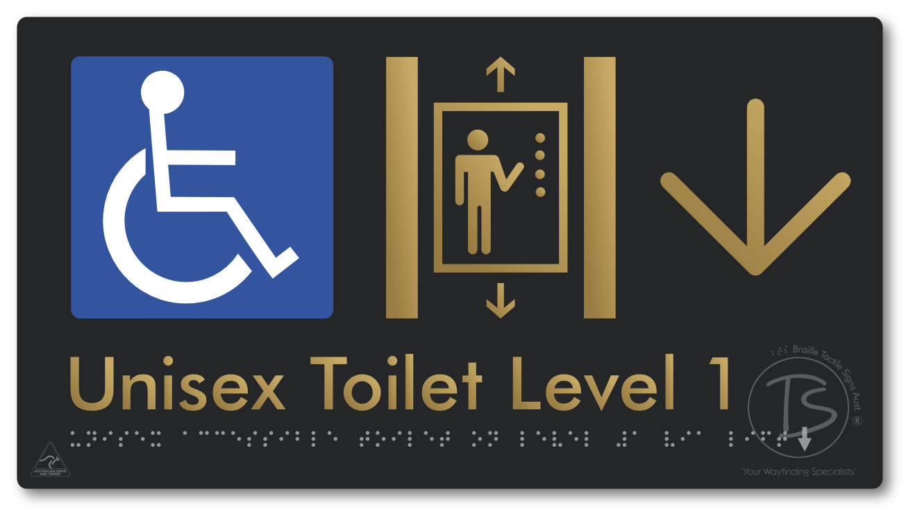 Unisex Accessible Toilet on Level 1 Via Lift with Large Arrow - Braille Tactile Signs Aust.