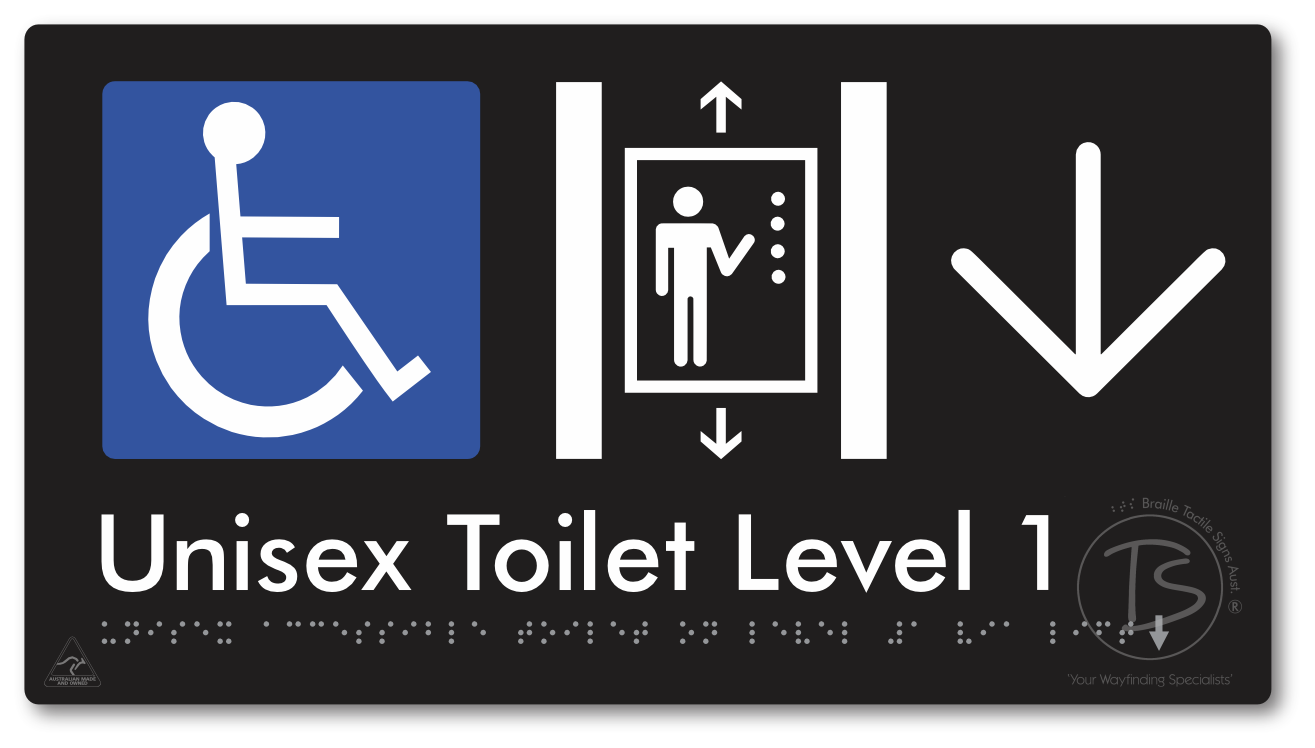 Unisex Accessible Toilet on Level 1 Via Lift with Large Arrow - Braille Tactile Signs Aust.