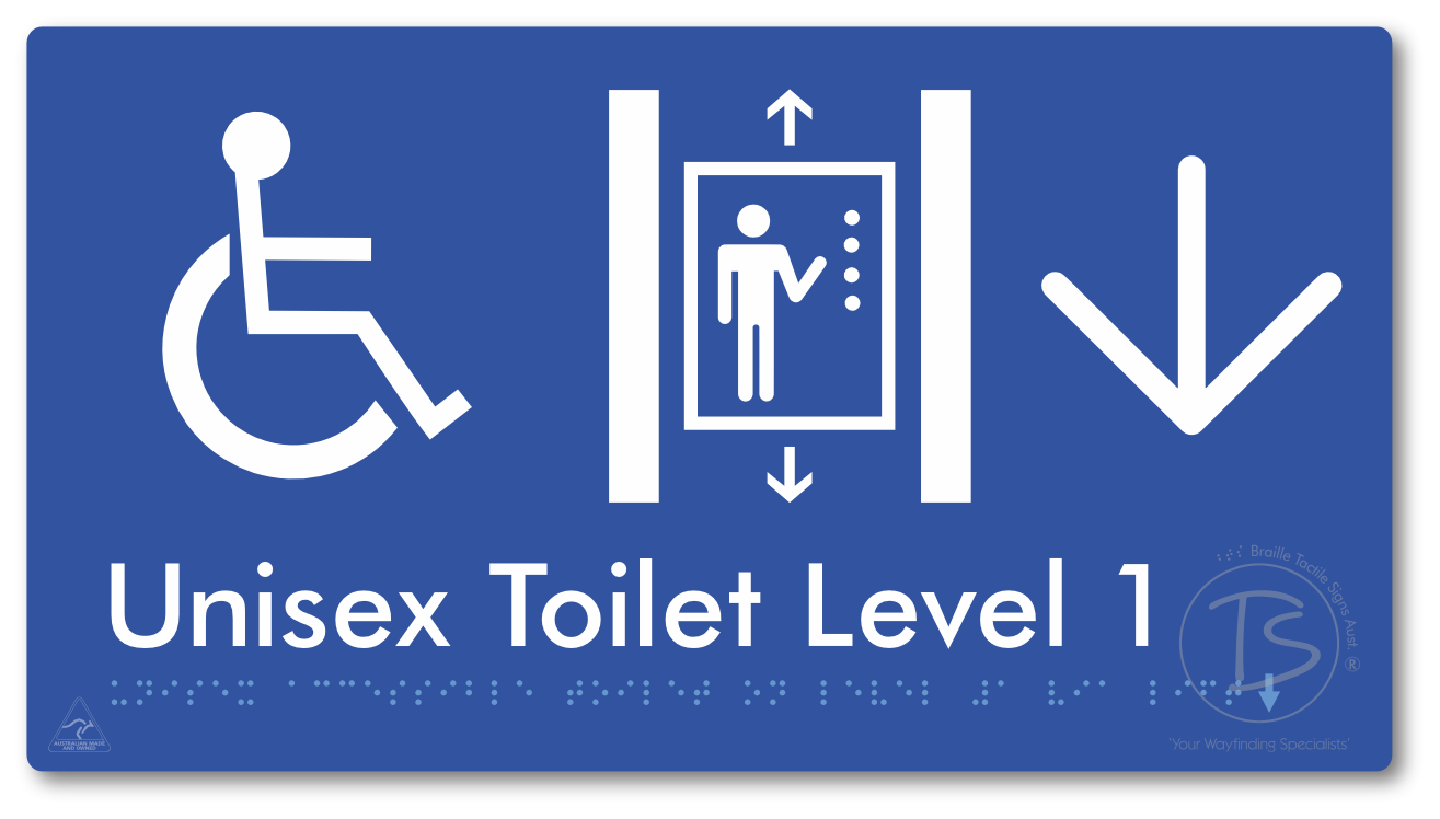 Unisex Accessible Toilet on Level 1 Via Lift with Large Arrow - Braille Tactile Signs Aust.
