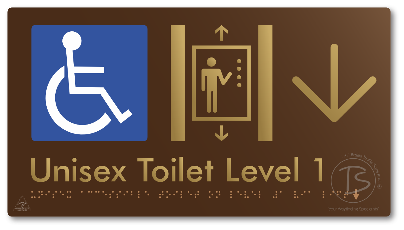 Unisex Accessible Toilet on Level 1 Via Lift with Large Arrow - Braille Tactile Signs Aust.