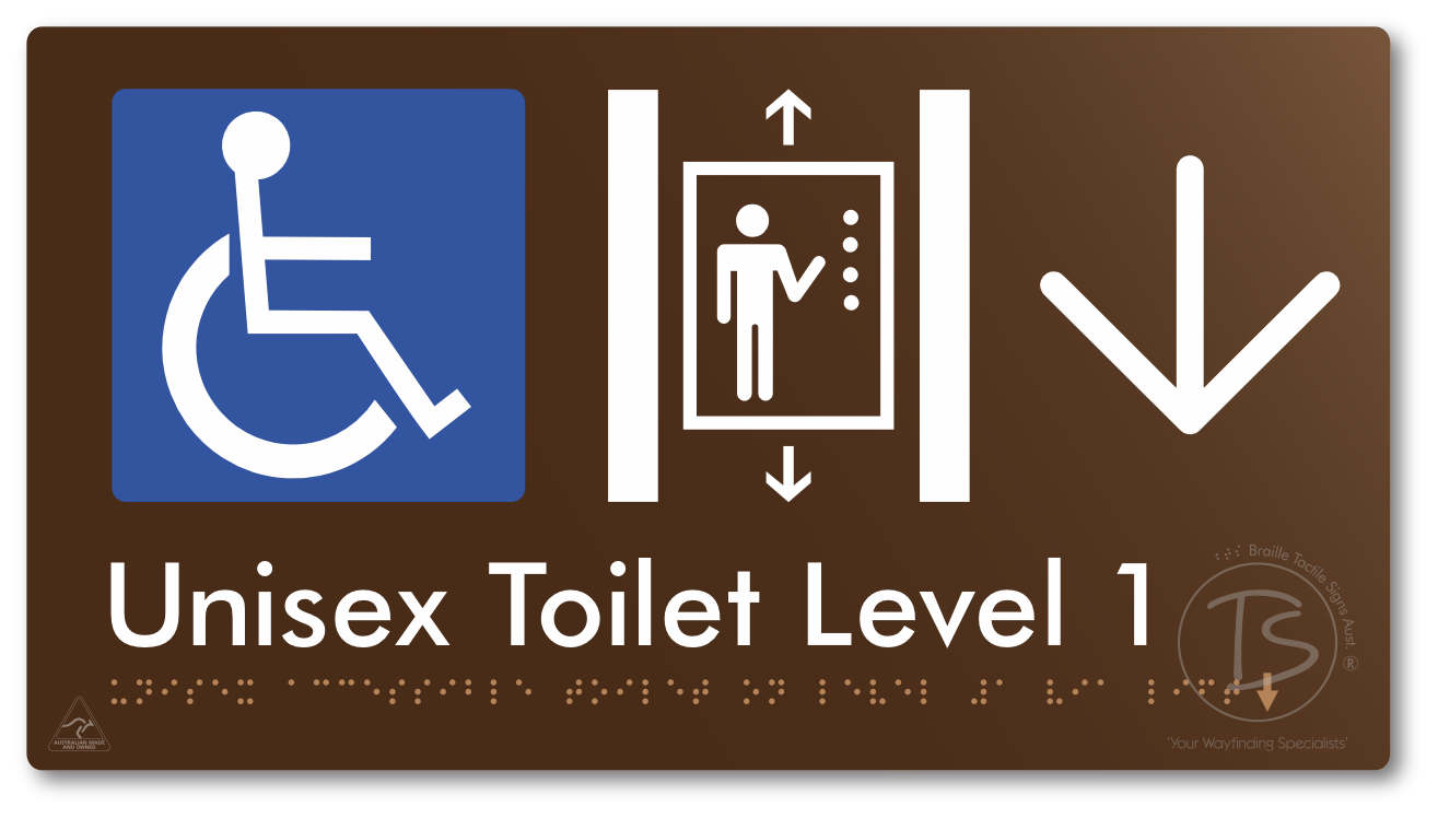 Unisex Accessible Toilet on Level 1 Via Lift with Large Arrow - Braille Tactile Signs Aust.