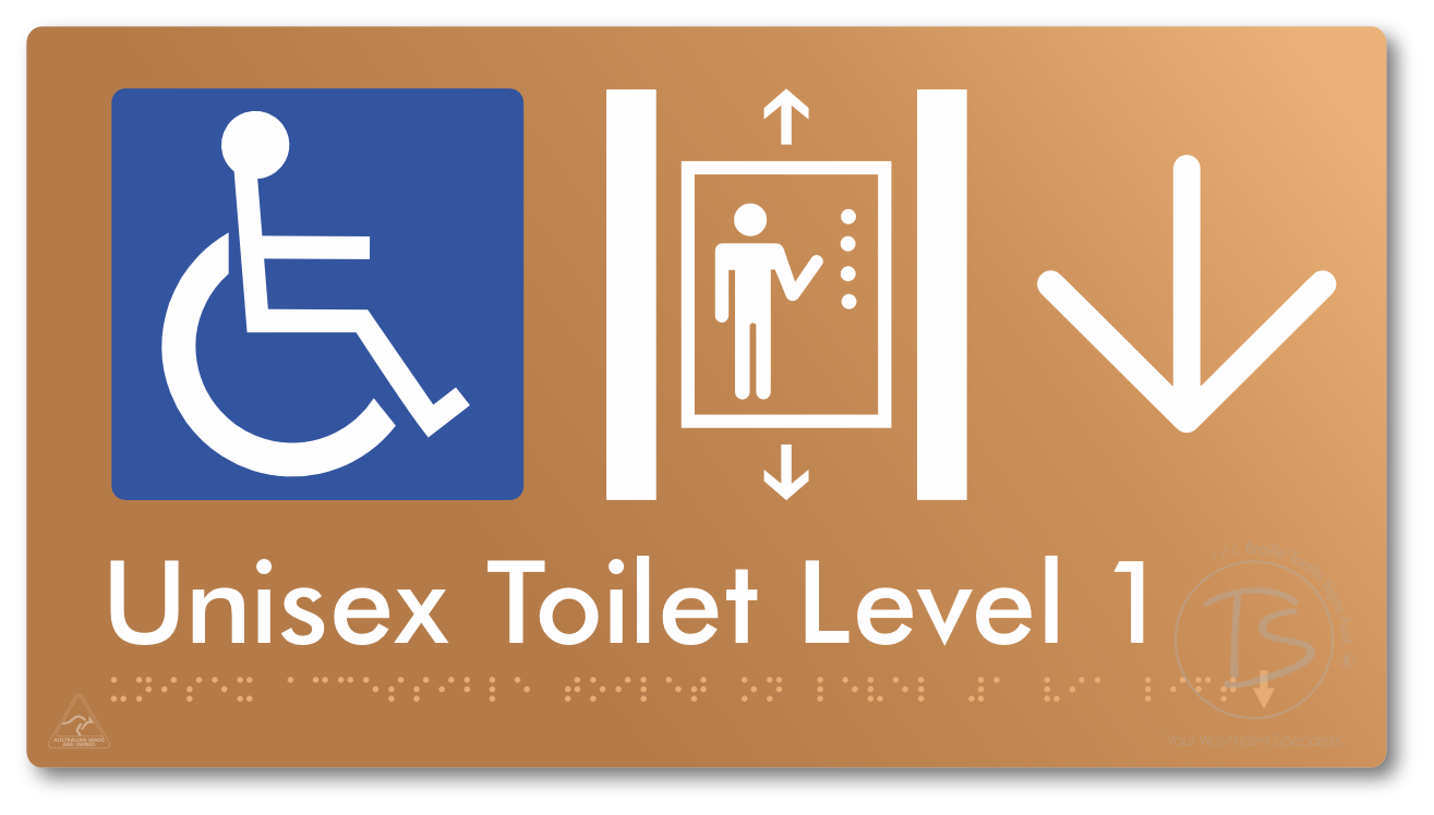Unisex Accessible Toilet on Level 1 Via Lift with Large Arrow - Braille Tactile Signs Aust.