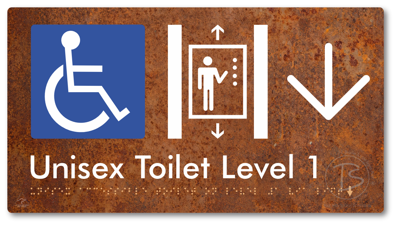 Unisex Accessible Toilet on Level 1 Via Lift with Large Arrow - Braille Tactile Signs Aust.