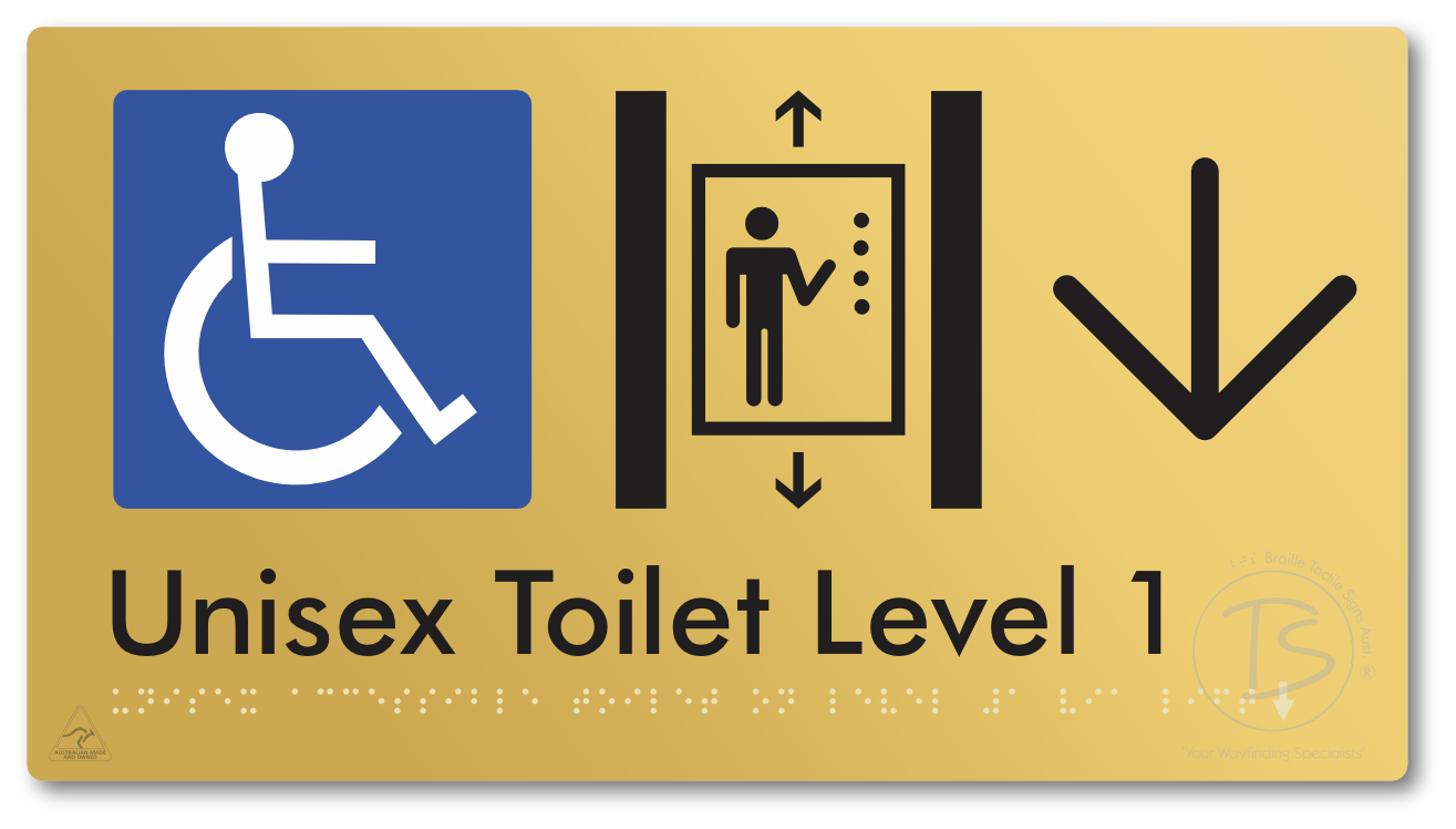 Unisex Accessible Toilet on Level 1 Via Lift with Large Arrow - Braille Tactile Signs Aust.