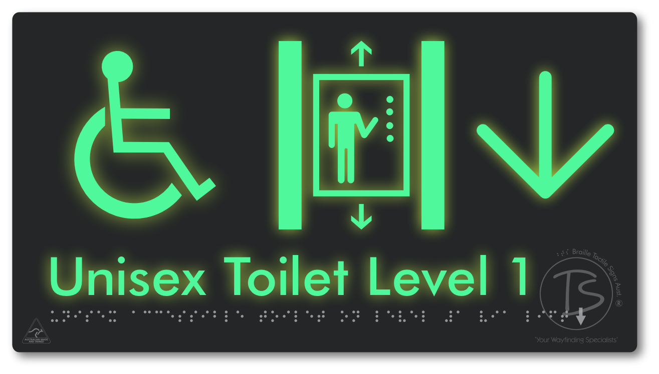 Unisex Accessible Toilet on Level 1 Via Lift with Large Arrow - Braille Tactile Signs Aust.