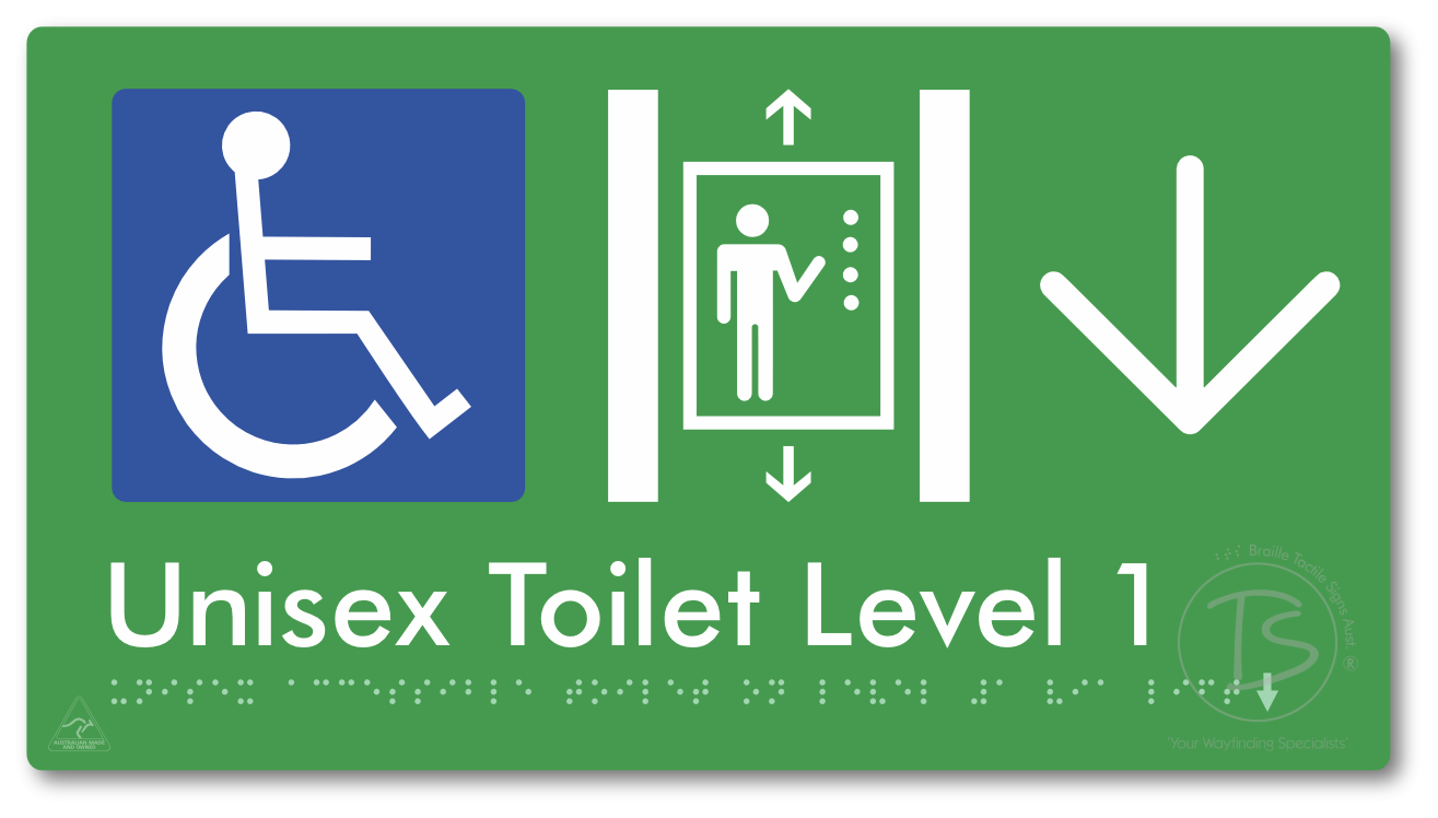Unisex Accessible Toilet on Level 1 Via Lift with Large Arrow - Braille Tactile Signs Aust.