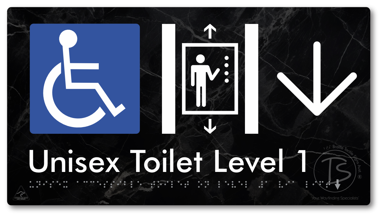 Unisex Accessible Toilet on Level 1 Via Lift with Large Arrow - Braille Tactile Signs Aust.