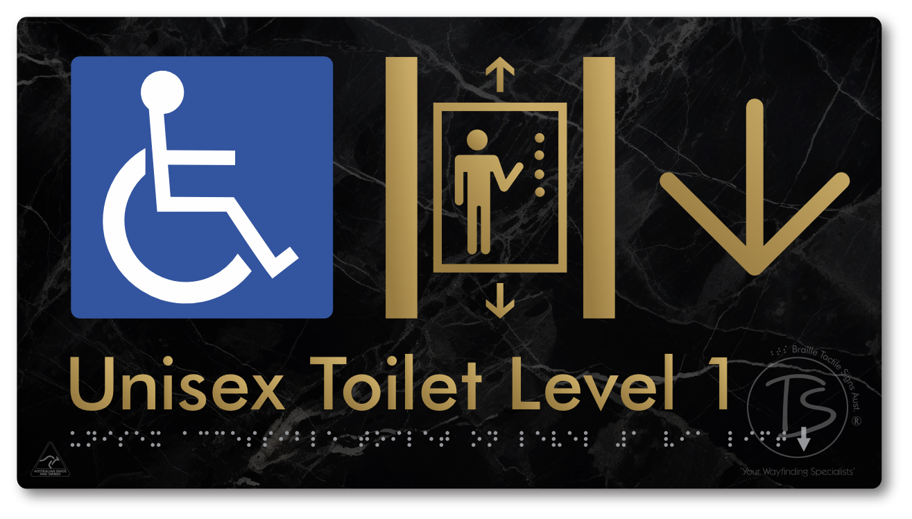 Unisex Accessible Toilet on Level 1 Via Lift with Large Arrow - Braille Tactile Signs Aust.